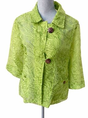 Mirror Image Green Burnout Velvet Linen Blend Jacket XL Sheer Textured Button Fr